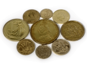 British gold coins including Double Sovereigns, Sovereigns. Half Sovereigns. Quarter Sovereigns, one ounce coins and bullion gold coins.