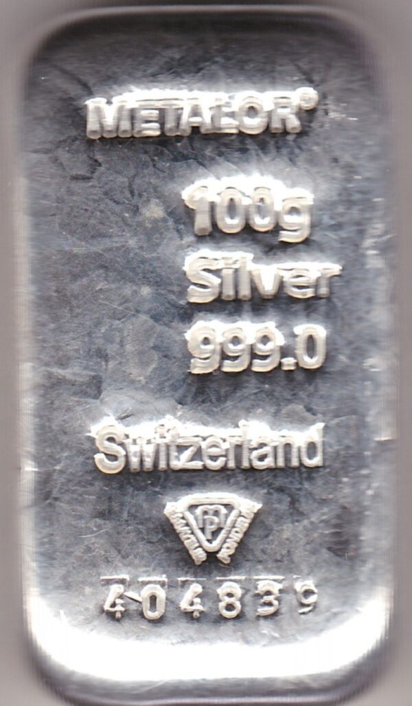 100 Gram Silver Bar Metalor. This bar comes with the original certificate as issued by Metalor. All of our silver bars have been pre-owned and are in stock.