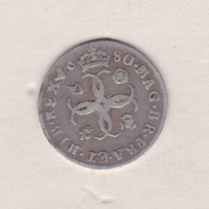 1680 Silver Maundy Fourpence featuring the portrait of Charles II on the Obverse. Four central interlinked C's with national emblems on the reverse.v