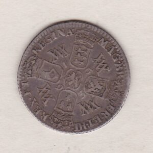 1693 silver sixpence coin featuring the conjoined busts of William III and Mary II on the Obverse. Crowned shields around Nassau lion on the Reverse.