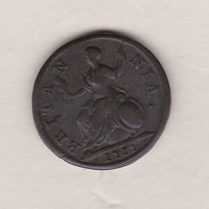 1717 copper farthing coin featuring the laureate bust of King George I on the Obverse. Britannia seated facing left on the Reverse.