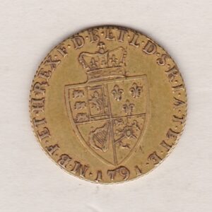 1791 Gold Guinea Coin featuring the fifth laureate head portrait of King George III on the obverse. The spade-shaped shield design is on the reverse.