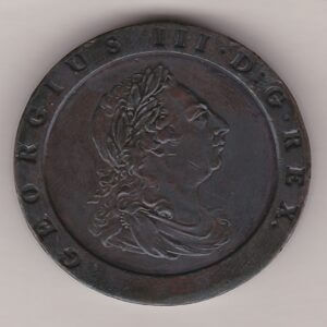 1797 Copper Cartwheel Twopence coin featuring King George III on the obverse. A seated Britannia holding a trident on the reverse.
