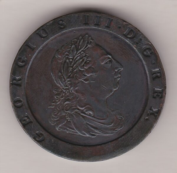 1797 Copper Cartwheel Twopence coin featuring King George III on the obverse. A seated Britannia holding a trident on the reverse.