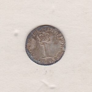 1800 Silver Maundy Penny coin featuring King George III on the obverse. A central crowned denomination above the date on the reverse.