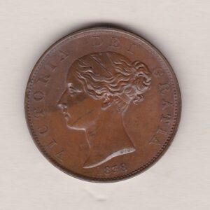 1838 copper halfpenny coin featuring young head Queen Victoria on the Obverse. Britannia seated facing right holding a trident on the Reverse. 