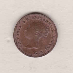 1844 Copper Half Farthing featuring the young head portrait of Victoria on the Obverse. A central crowned denomination with the date below on the Reverse.