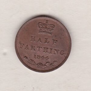 1844 Copper Half Farthing featuring the young head portrait of Victoria on the Obverse. A central crowned denomination with the date below on the Reverse.