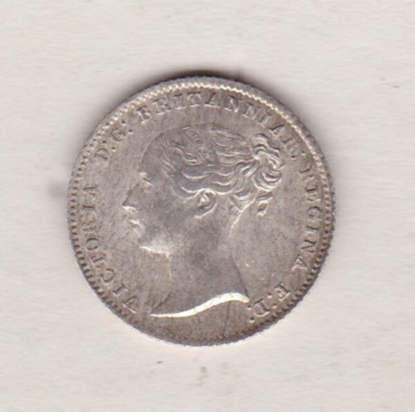 1846 Silver Fourpence Groat coin featuring a young head Queen Victoria on the Obverse. The Britannia, denomination and date are on the reverse.