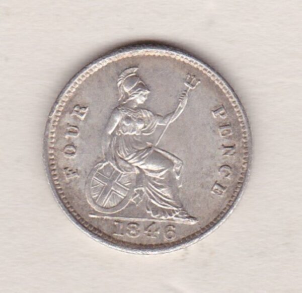 1846 Silver Fourpence Groat coin featuring a young head Queen Victoria on the Obverse. The Britannia, denomination and date are on the reverse.