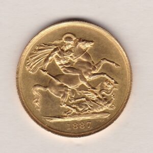 1887 Gold Two Pounds Double Sovereign Coin featuring Queen Victoria Jubilee Head on the Obverse and St George & the Dragon on the Reverse.