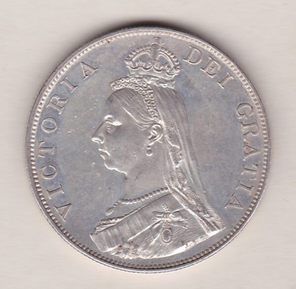 1889 silver double florin coin featuring the Jubilee Head design of Queen Victoria. The Garter star and four sceptres in the angles complete the Reverse.