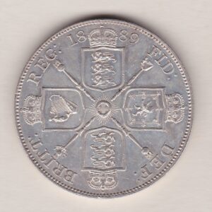 1889 silver double florin coin featuring the Jubilee Head design of Queen Victoria. The Garter star and four sceptres in the angles complete the Reverse.