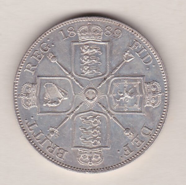 1889 silver double florin coin featuring the Jubilee Head design of Queen Victoria. The Garter star and four sceptres in the angles complete the Reverse.