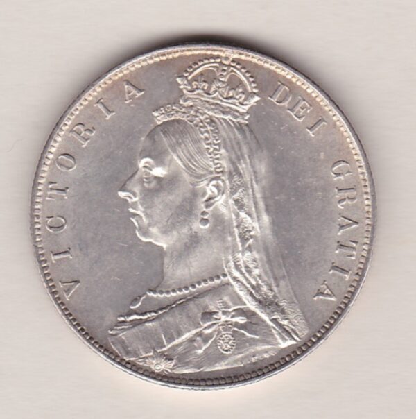 1890 Silver Halfcrown coin featuring the Jubilee head of Queen Victoria on the Obverse. The shield of royal arms completes the Reverse design.