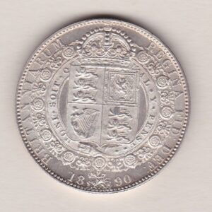 1890 Silver Halfcrown coin featuring the Jubilee head of Queen Victoria on the Obverse. The shield of royal arms completes the Reverse design.