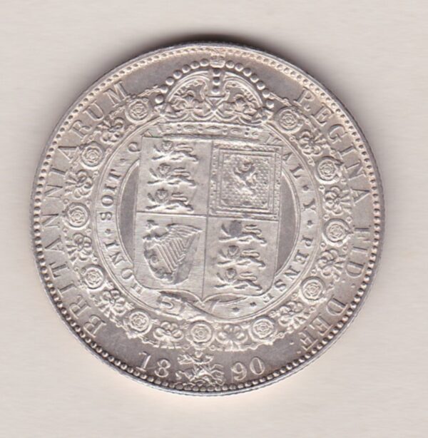 1890 Silver Halfcrown coin featuring the Jubilee head of Queen Victoria on the Obverse. The shield of royal arms completes the Reverse design.