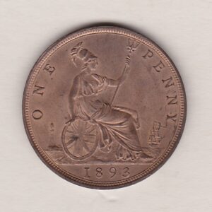 1893 bronze penny coin featuring the young head portrait of Queen Victoria on the Obverse. The coin depicts Britannia seated to the right on the Reverse.