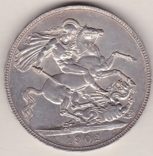 1902 Silver Crown Coin featuring King Edward VII on the Obverse and St George and the dragon reverse. The coin is in extremely fine condition.