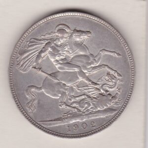 1902 Silver Crown Coin featuring King Edward VII on the Obverse and St George and the dragon reverse. The coin is in GVF to EF condition.