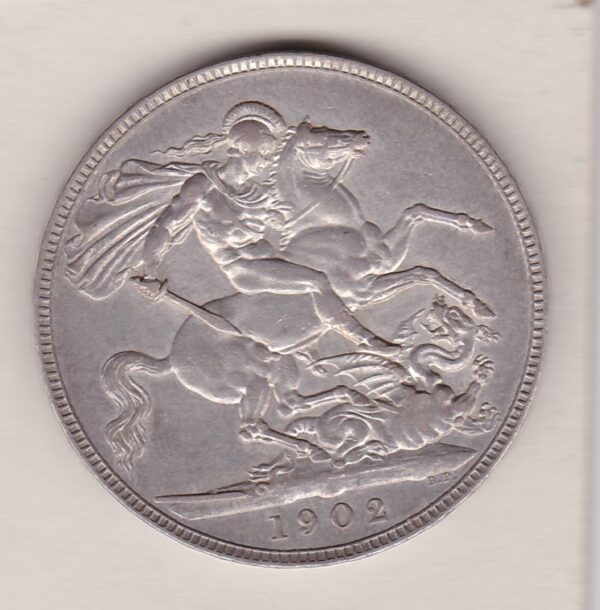 1902 Silver Crown Coin featuring King Edward VII on the Obverse and St George and the dragon reverse. The coin is in GVF to EF condition.