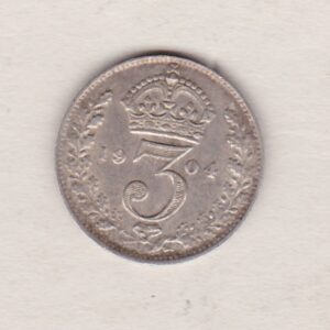 1904 Silver Threepence coin featuring the portrait of King Edward VII on the Obverse. The Reverse features a crowned denomination dividing the date.