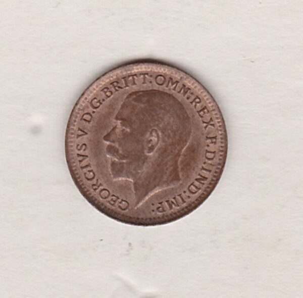 1913 Bronze Third Farthing the portrait of King George V on the obverse. The reverse shows the crowned value and date within an oak wreath.