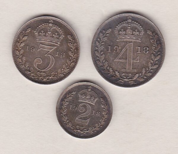 1918 Silver Maundy Three Coin Part Set featuring King George V on the Obverse. There are three coins in this set, the set is missing the penny.