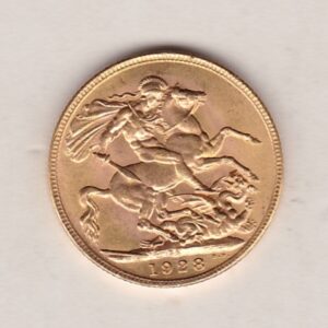 1928 SA Gold Sovereign Coin. The coin features King George V on the Obverse. St George and the dragon on the reverse. The SA Pretoria South Africa mintmark.