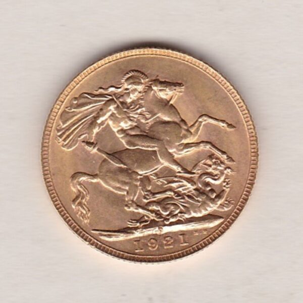 1921 P Gold Sovereign Coin. The coin features King George V on the Obverse. St George and the dragon on the reverse. The P - Perth, Australia mintmark.