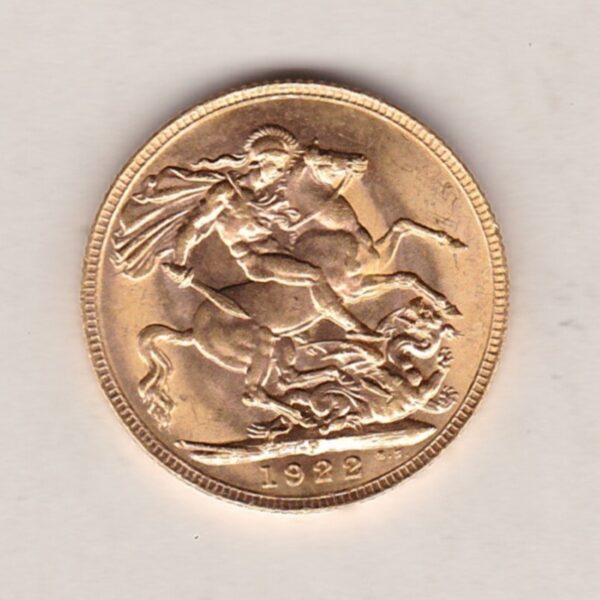 1922 P Gold Sovereign Coin. The coin features King George V on the Obverse. St George and the dragon on the reverse. The P - Perth, Australia mintmark.