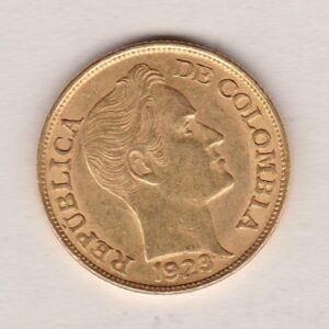 1923 B Colombia Gold Five Pesos Coin. This coin has the B - Bogota mint mark. The Five Pesos coin was struck in 22 carat Gold and weighs approx. 7.98 grams.