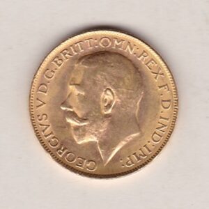 1923 P Gold Sovereign Coin. The coin features King George V on the Obverse. St George and the dragon on the reverse. The P - Perth, Australia mintmark.
