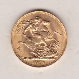 1923 P Gold Sovereign Coin. The coin features King George V on the Obverse. St George and the dragon on the reverse. The P - Perth, Australia mintmark.
