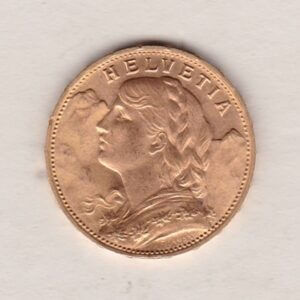 1925 B Switzerland Gold Twenty Francs coin features a female figure on the obverse. The Swiss shield surrounded by oak leaves on the Reverse.