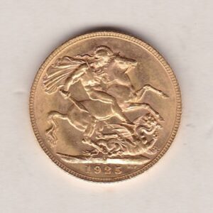 1925 M Gold Sovereign Coin. The coin features King George V on the Obverse. St George and the dragon on the reverse. The M Melbourne, Australia Mintmark.