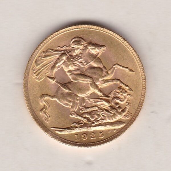 1925 SA Gold Sovereign Coin. The coin features King George V on the Obverse. St George and the dragon on the reverse. The SA Pretoria South Africa mintmark.