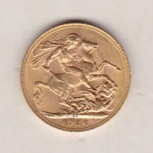 1926 SA Gold Sovereign Coin. The coin features King George V on the Obverse. St George and the dragon on the reverse. The SA Pretoria South Africa mintmark.