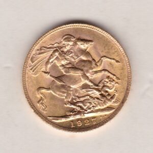 1927 SA Gold Sovereign Coin. The coin features King George V on the Obverse. St George and the dragon on the reverse. The SA Pretoria South Africa mintmark.