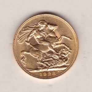 1928 P Gold Sovereign Coin. The coin features King George V on the Obverse. St George and the dragon on the reverse. The P - Perth, Australia mintmark.