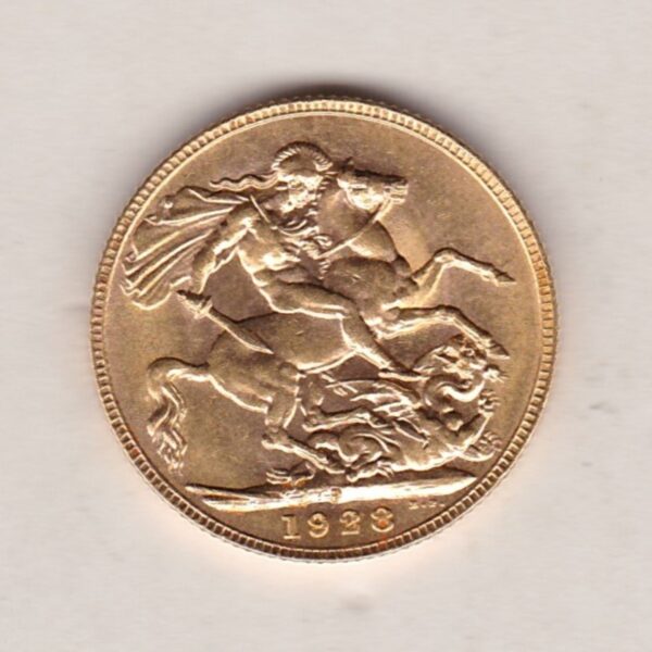 1928 P Gold Sovereign Coin. The coin features King George V on the Obverse. St George and the dragon on the reverse. The P - Perth, Australia mintmark.