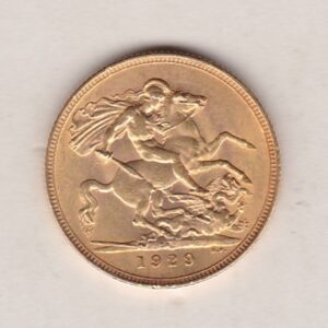 1929 SA Gold Sovereign Coin. The coin features King George V on the Obverse. St George and the dragon on the reverse. The SA Pretoria South Africa mintmark.