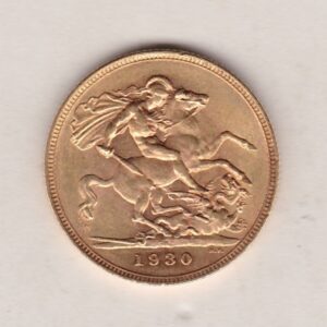 1930 SA Gold Sovereign Coin. The coin features King George V on the Obverse. St George and the dragon on the reverse. The SA Pretoria South Africa mintmark.