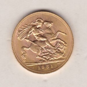 1931 SA Gold Sovereign Coin. The coin features King George V on the Obverse. St George and the dragon on the reverse. The SA Pretoria South Africa mintmark.