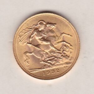 1932 SA Gold Sovereign Coin. The coin features King George V on the Obverse. St George and the dragon on the reverse. The SA Pretoria South Africa mintmark.