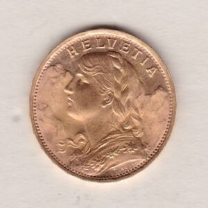 1947 B Switzerland Gold Twenty Francs coin features a female figure on the obverse. The Swiss shield surrounded by oak leaves on the Reverse.