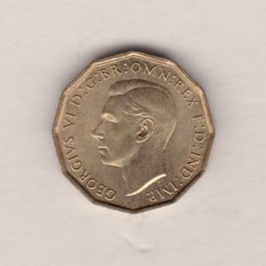 1948 Brass Threepence Coin featuring the portrait of King George VI on the Obverse. The thrift plant with denomination and date is on the Reverse.