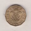 1948 Brass Threepence Coin featuring the portrait of King George VI on the Obverse. The thrift plant with denomination and date is on the Reverse.