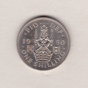 1950 cupro nickel proof Scottish shilling coin featuring King George VI on the Obverse. The crowned Scottish lion appears on the Reverse.