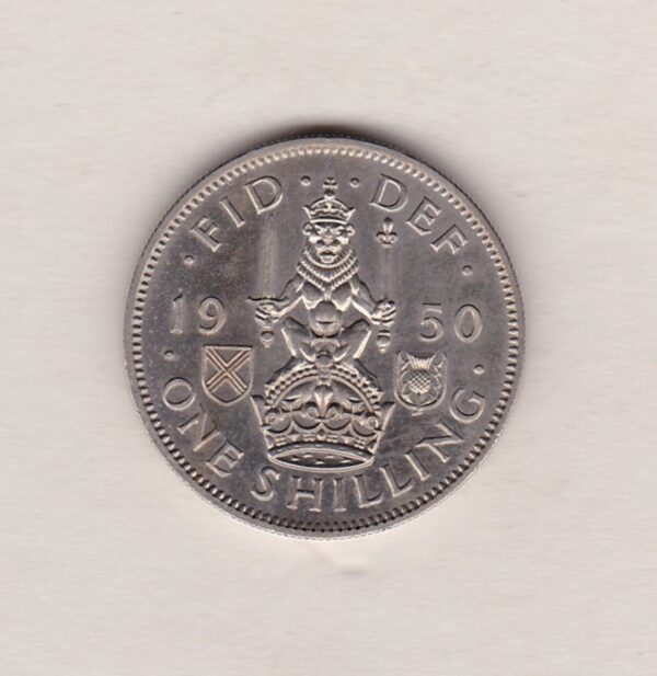 1950 cupro nickel proof Scottish shilling coin featuring King George VI on the Obverse. The crowned Scottish lion appears on the Reverse.